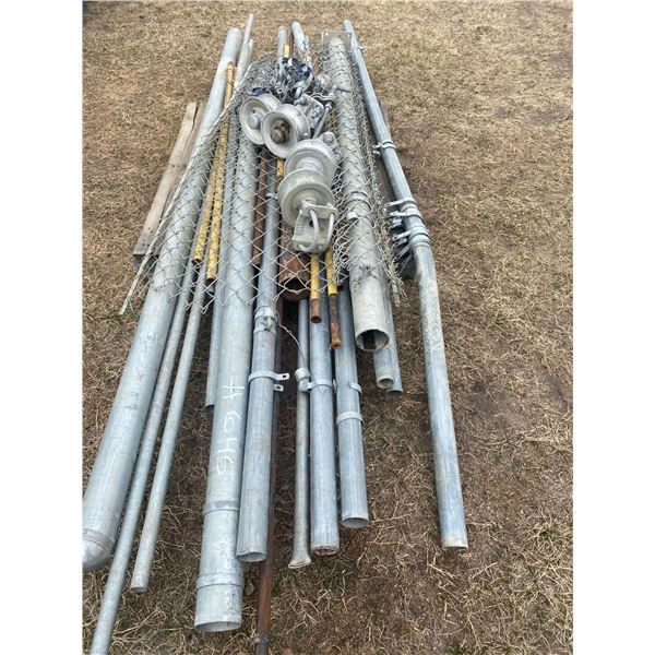 Pallet of galvanized pipe, brackets, hinges, gate rollers.