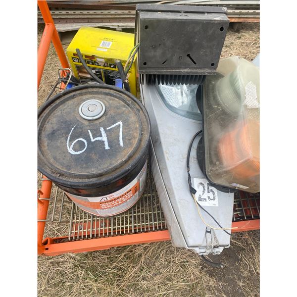 Full pail of sealer, lights & filters, Located in N.Side field