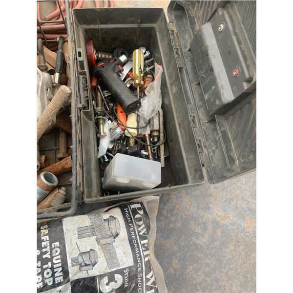 Clamps, air hose, tool box c/w misc, light