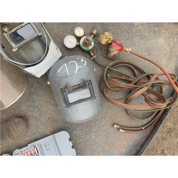 2 welding helmets& shields, torch hose &gauges