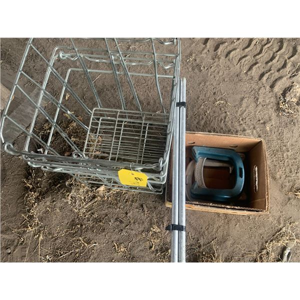 Old milk or egg crates, horse shoe set.