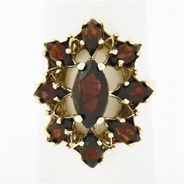 Vintage 14K Yellow Gold Marquise Prong Garnet Open Spray Flower Cocktail Ring