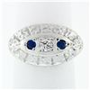 Image 3 : Vintage 14k White Gold 0.25 ctw Round Diamond & Sapphire Floral Oval Platter Rin