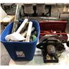 Image 1 : Group of misc items including - tool box, 8 1/4" compound mitre saw, tools, strippable vinyl, tape,