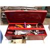 Image 2 : Group of misc items including - tool box, 8 1/4" compound mitre saw, tools, strippable vinyl, tape,