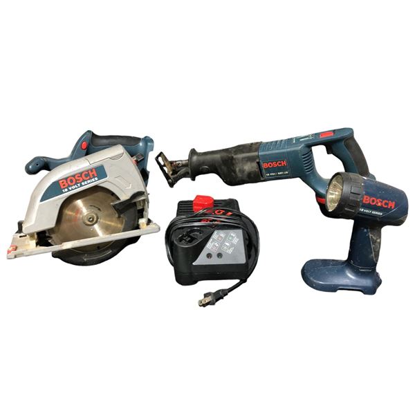 Group of assorted Bosch cordless tools includes - saws, flashlight, battery charger, etc...