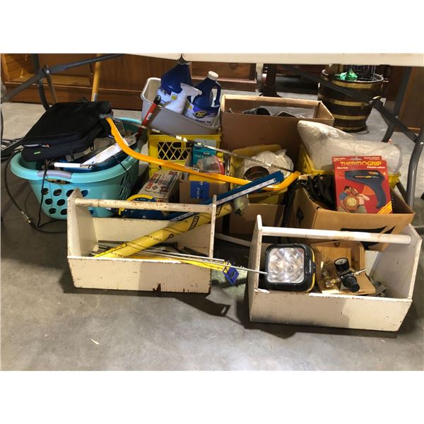 Large group of assorted tools & misc includes - wooden toolboxes, bow saw, clamp fixture, thermogrip