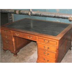 DIRECTORS OAK PEDESTAL DESK WITH BLUE LEATHER INLAY