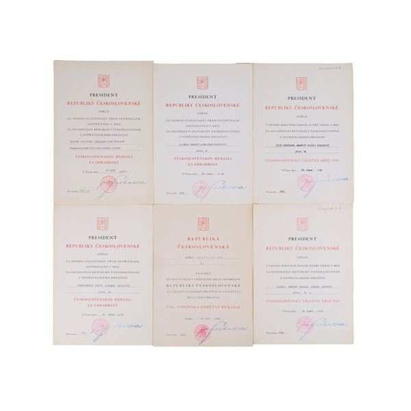 A GROUP OF 6 CZECHOSLOVAKIAN WW2 AWARD CITATIONS ISSUED TO RED ARMY PERSONNEL