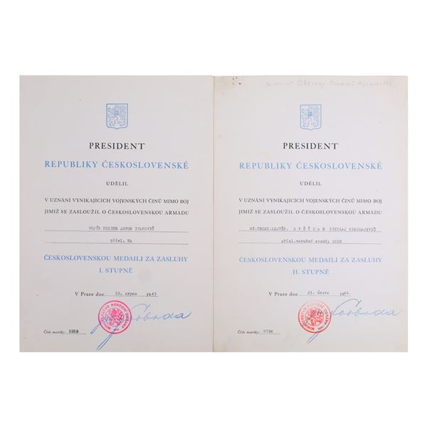 A PAIR OF SVOBODA SIGNED CZECHOSLOVAKIAN WW2 AWARD CITATIONS