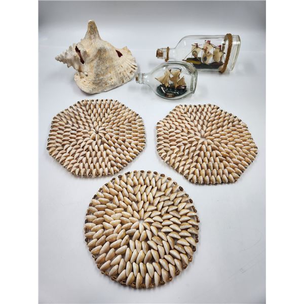 Vintage Pot Holders, Sea Shell & Boats In Bottles