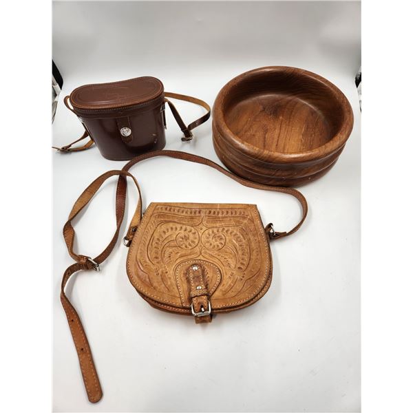 Vintage Leather Purse Binocular Case and Wooden Bowl