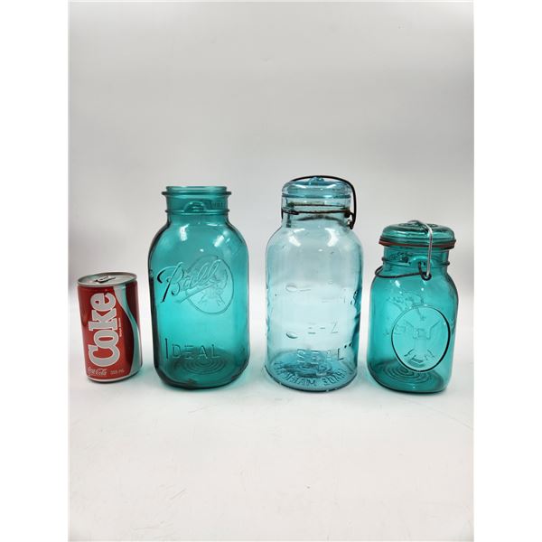 3 Vintage Aqua Glass Canning Jars
