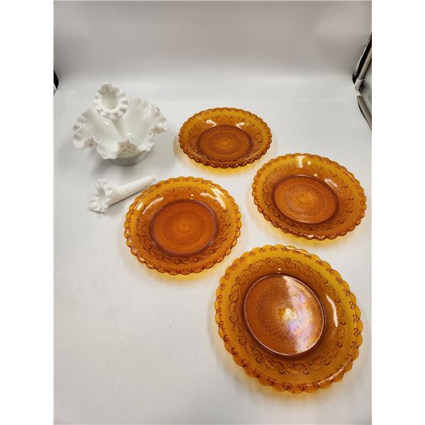 4 Amber Glass Plates & Milk Glass Bowl