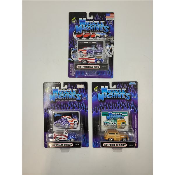 3 Sealed Diecast Muscle Machines Cars (American Flag)