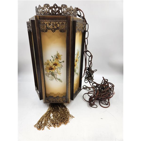 Mid Century Spanish Tudor Floral Glass Hanging Lamp