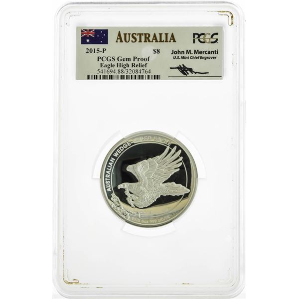 2015-P Australia $8 Proof Eagle High Relief Silver Coin PCGS Gem Proof Mercanti Signed