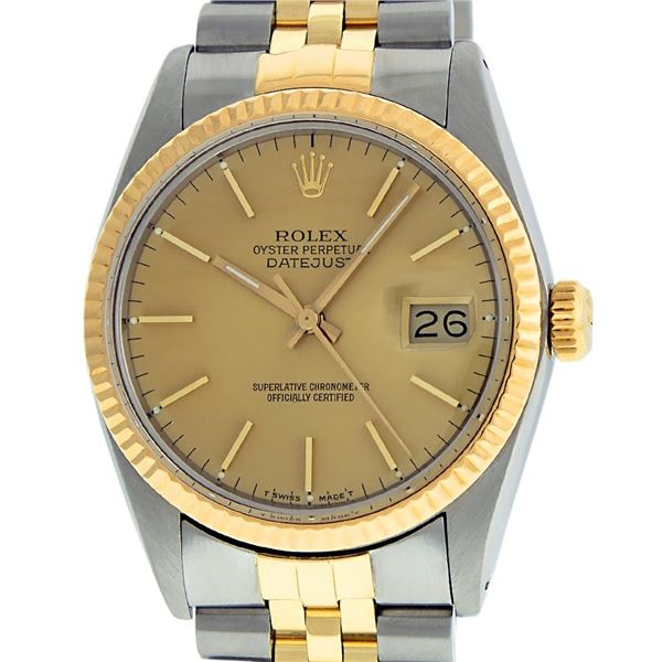 Rolex Mens Two Tone Champagne Index Datejust Wristwatch