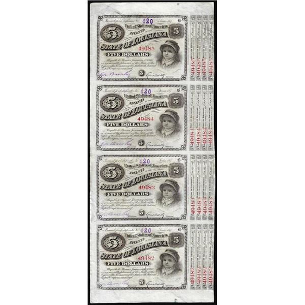 Uncut Sheet of (4) State of Louisiana Baby Bond Obsolete Notes