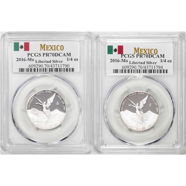 Lot of (2) 2016-Mo Mexico Proof 1/4 oz Silver Libertad Coins PCGS PR70DCAM