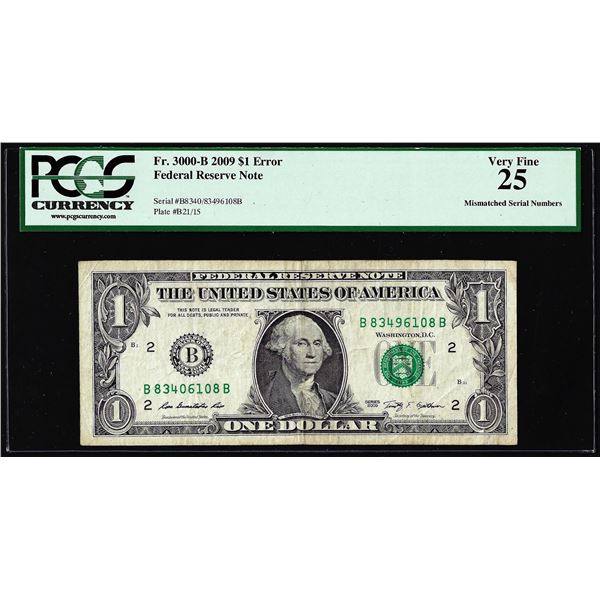 2009 $1 Federal Reserve Note Mismatched Serial Number Error Fr.3000-B PCGS Very Fine 25