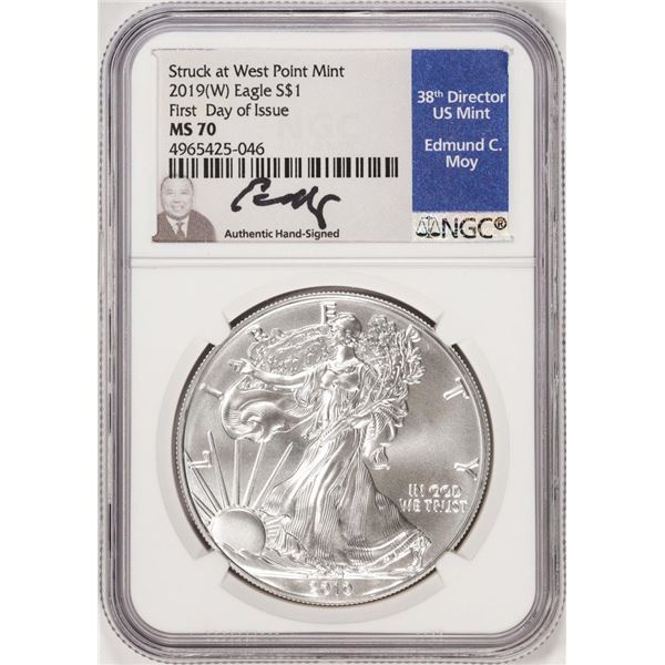 2019(W) $1 American Silver Eagle Coin NGC MS70 FDOI Moy Signature West Point Mint