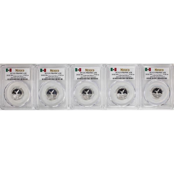 Lot of (5) 2018-Mo Mexico Proof 1/10 oz Silver Libertad Coins PCGS PR69DCAM