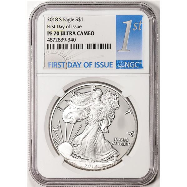 2018-S $1 Proof American Silver Eagle NGC Coin PF70 Ultra Cameo First Day of Issue