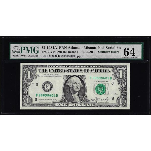 1981A $1 Federal Reserve Note Atlanta Mismatched S/N Error PMG Choice Uncirculated 64