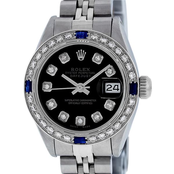 Rolex Ladies Stainless Steel Sapphire and Diamond Datejust Wristwatch