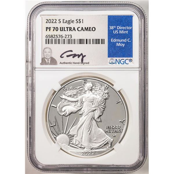2022-S $1 Proof American Silver Eagle Coin NGC PF70 Ultra Cameo Edmund Moy Signature