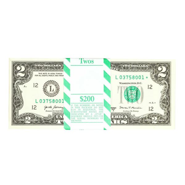 Pack of (100) Consecutive 2017A $2 Federal Reserve STAR Notes San Francisco