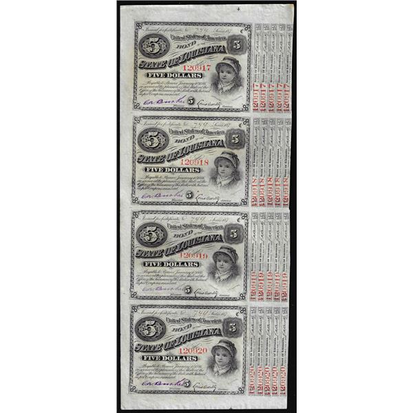Uncut Sheet of (4) State of Louisiana Baby Bond Obsolete Notes