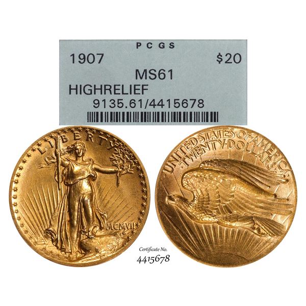 1907 High Relief $20 St. Gaudens Double Eagle Gold Coin PCGS MS61 Old Green Holder