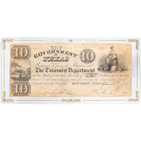 1837 $10 The Government of Texas Obsolete Treasury Note