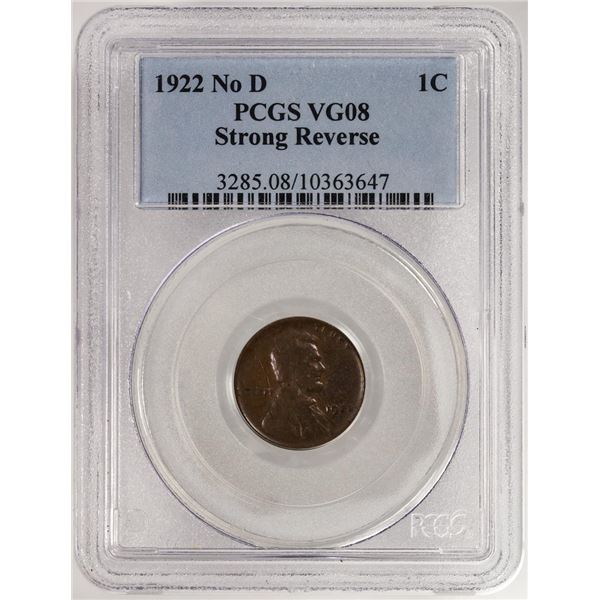 1922 No D Strong Reverse Lincoln Wheat Cent Coin PCGS VG08