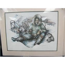Doug Lindstrom Print 14/950  Double Matted Musher with his dogs and he's ice fishing  18" x 24" IS (