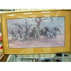 Herd of Elephants by Gary R. Swanson 1979 double Matted and Framed IS 14.5" x 28.5"  (3)