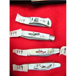 Lot of 4 folding pocket knives with scrimshawed bone (114)