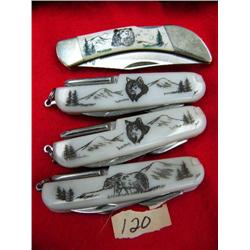 Lot of 4 pocket knives scrimshawed (114)