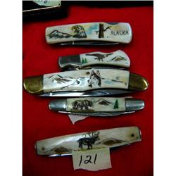 Lot of 5 Pocket knives scrimshawed bone (114)