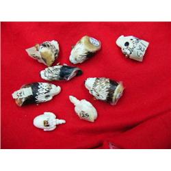 Lot of 8 Pendants:  4 carved polar bear heads from horn, 2 eagles from horn, 2 hatching baby turtles