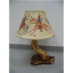 Wood Lamp with the Original Hide shade Hand Painted by GCT and part of signature is red hand (2)