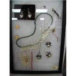 Pearl Necklace in need of repair , Silver and Hematite earrings, Sterling Silver pin with Agate, Mar