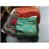 Image 1 : Bottom shelf which includes:  hand hooked rug, 2 fabulous table cloths or Shawls, Silk embroidered c
