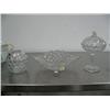 Image 1 : 3 Pieces of beautiful heavy cut glass Fostoria, covered candy dish, rose bud vase, and 11" footed Pl