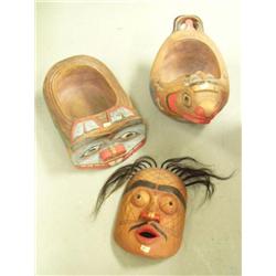 Lot of 3: 2 Alaska style ceremonial bowls and 1 Tlingit style mask (114)