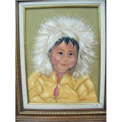 Framed original painting by I. Miller of Eskimo child- image size approx. 11-3/4" x 15-5/8" (74)