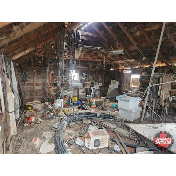SHED CONTENTS : Post Drill, Swede Saw, Oil Cans, Wisconsin Engine, Tobacco Tins, Tools, & Much More