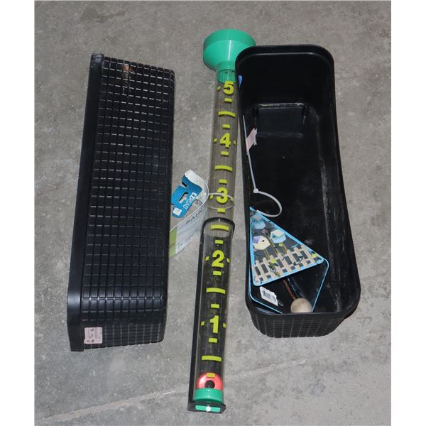 NEW -RAIN GAUGE , USED 2 FLOWER CONTAINERS,